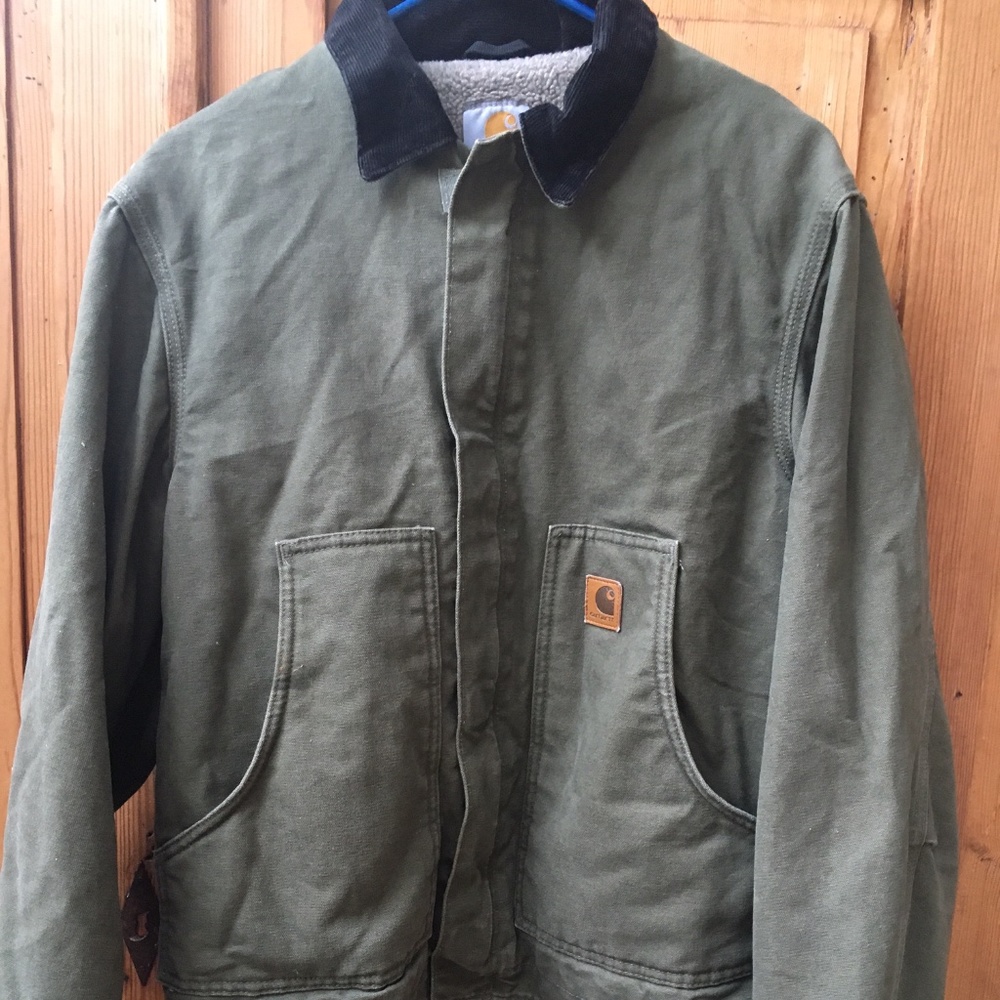 VINTAGE CARHARTT J164 DEARBORN SHERPA LINED JACKET OLIVE GREEN WORKWEAR SMALL